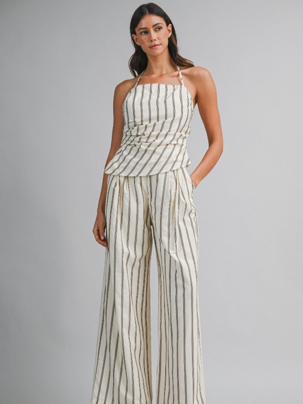 NWT Beige with Brown Striped Pattern Halter Top with & Wide Leg Long Pants Set